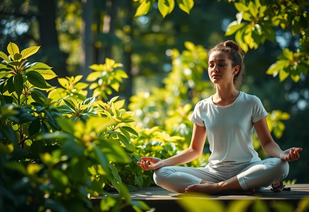 Persona meditando en la naturaleza, simbolizando el equilibrio y la calma.