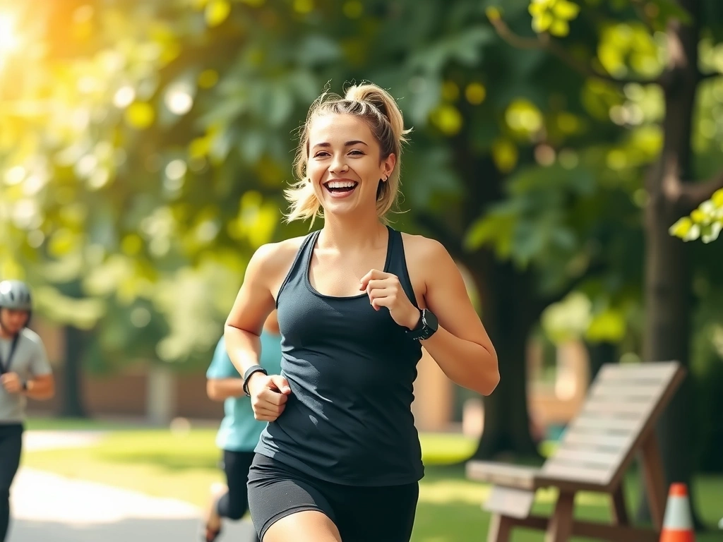 Mujer sonriente y enérgica realizando actividad física al aire libre, simbolizando vitalidad.