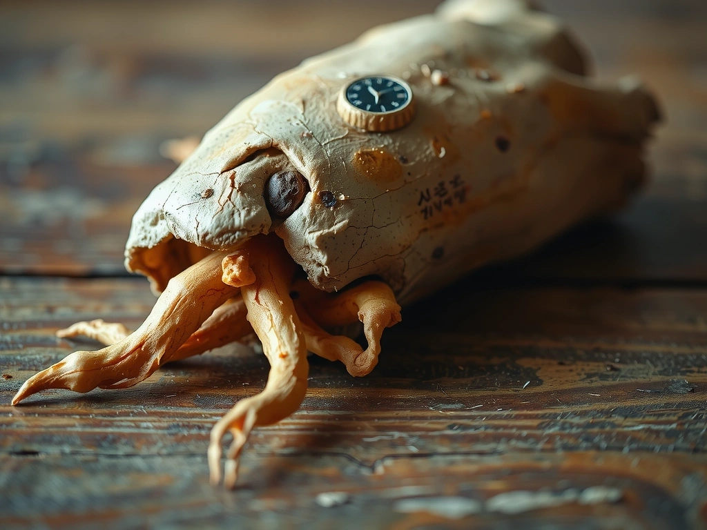 Raíz de ginseng coreano en una superficie de madera, con un aura de energía alrededor.