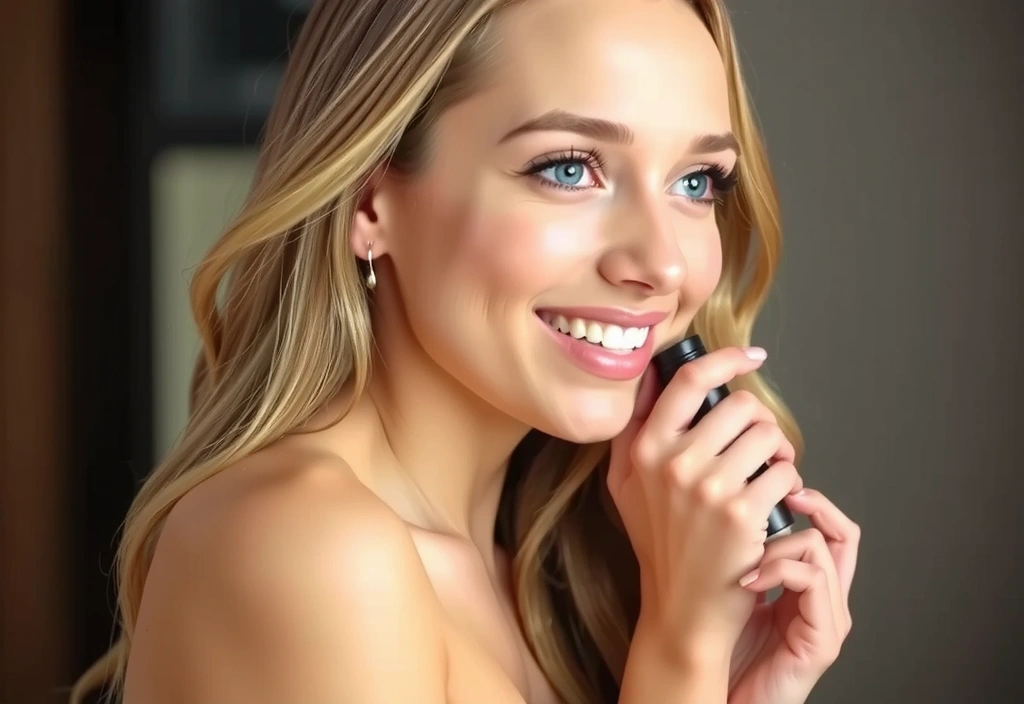 Mujer aplicando suero en el cabello mientras sonríe