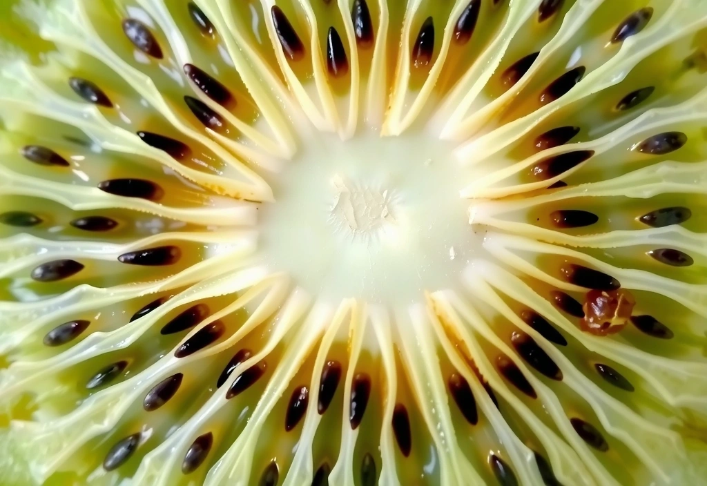 Kiwi cortado por la mitad mostrando su interior