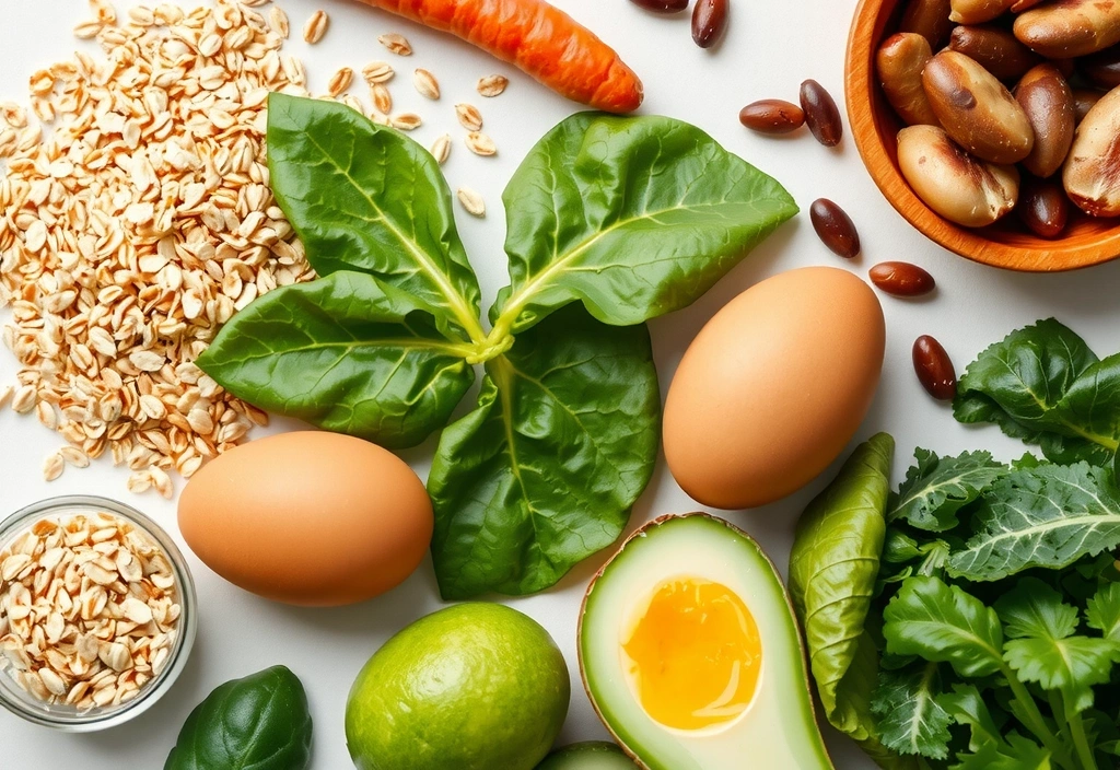 Conjunto de alimentos ricos en Vitaminas B, como cereales integrales y legumbres.